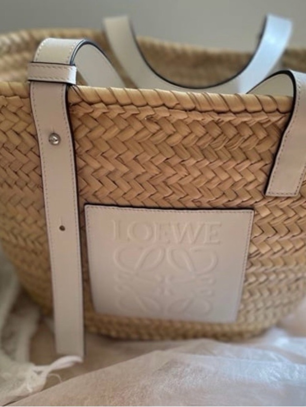 Price Firm- Authentic Loewe Natural Straw Tote with White Leather Trim (Medium) - Picture 8 of 8